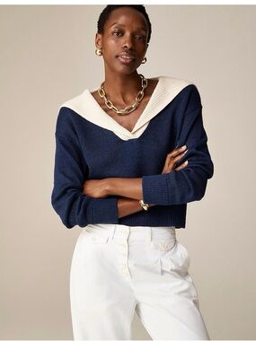 J Crew L Nautical collar blue linen long sleeve preppy quiet luxury sweater